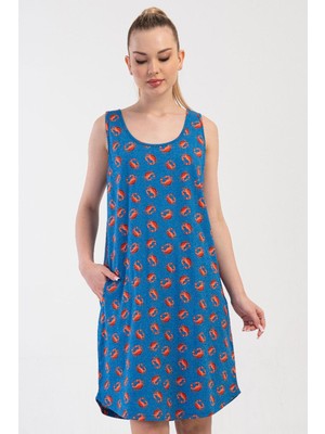 Vienetta Kadın Kalın Askılı Cepli Yengeç Desenli Sax Gecelik Tunik C0T1N1804