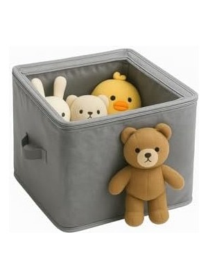 Kare Küp Düzenleyici Kutu - 30X30X30 cm Şeffaf Pencereli, Kapaklı Kumaş Organizer | Oyuncak, Kitaplık, Dolap Içi Saklama Kutusu - Dik Duruşlu Telli Yapı (Gri) Imperteks Kumaş