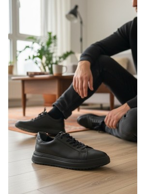 Enoch Hakiki Deri Siyah Mikro Dokulu Erkek Sneaker Ortopedik Taban
