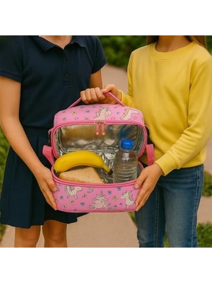 Beslenme Çantası Termoslu Kız Erkek Çocuk Okul Yemek Termal Çanta Anaokulu 2 Bölmeli Isı Yalıtımlı (Pembe)