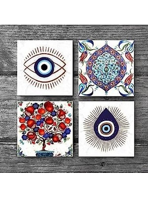 Nazar, Çini Sanatı, Nar Ağacı Taş Bardak Altlığı Seti - 4 Parça - Dekoratif, Rustik Mutfak Aksesuarı, 10X10 Cm, Kaydırmaz Tabanlı, Şık ve Dayanıklı SC408