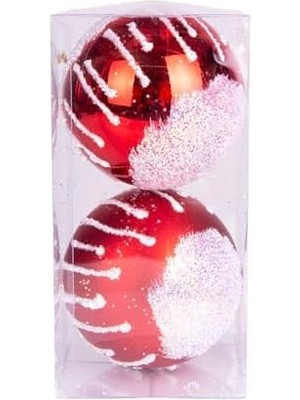 Yılbaşı Topu Renkli Simli Kar Efektli 2'li Paket Kırmızı-Beyaz 10 Cm.