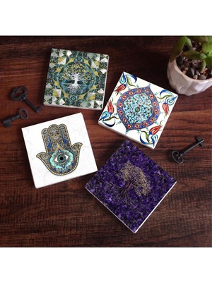 Hayat Ağacı, Çini Sanatı, Fatma Ana Eli  Taş Bardak Altlığı Seti - 4 Parça - Dekoratif, Rustik Mutfak Aksesuarı, 10X10 Cm, Kaydırmaz Tabanlı, Şık ve Dayanıklı SC484