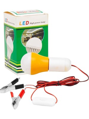 4 Metre Kablolu, Akü Maşalı, 12 Volt, 10 Watt, Beyaz 6500K, LED Ampul, (Dc 12 Volt Aküler Için), Kamp, Karavan, Tekne, 1 Adet,