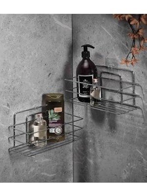 Parlak Krom Yapışkanlı 2'li Banyo Rafı Paslanmaz Metal Duvar Rafı Modern Tasarım