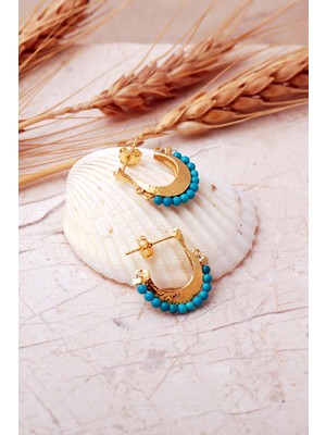 Firuze Taşlı Altın Kaplama Gümüş Yarım Halka Küpe 7396