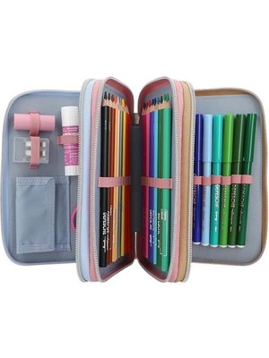 13009 – Doldurulmuş 3 Bölmeli Kalem Kutusu, Pembe Renkte, Model Motifli ve Kolye Uçlu, Renkli Kalemler, Cetvel, Makas Vb. Içeren Kalem Kutusu