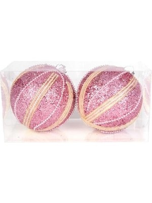 Yılbaşı Topu Şerit Inci Boncuk Figürlü 2'li Paket Pembe 9 Cm.