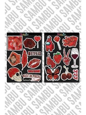 Red Aesthetic Temalı Etiket Seti 1 - Kırmızı - Laptop Notebook Telefon