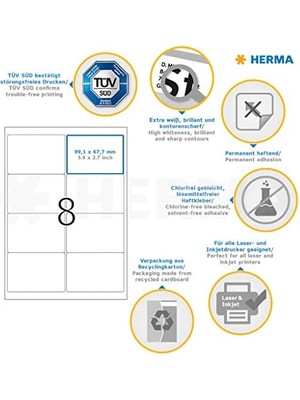 Herma Gönderim Etiketleri, 25 Yaprak, 99,1 x 67,7 Mm, A4 Sayfa Başına 8 Adet, 200 Çıkartma, Kendinden Yapışkanlı, Yazdırılabilir, Mat, Kağıt Boş Adres Etiketi, Beyaz