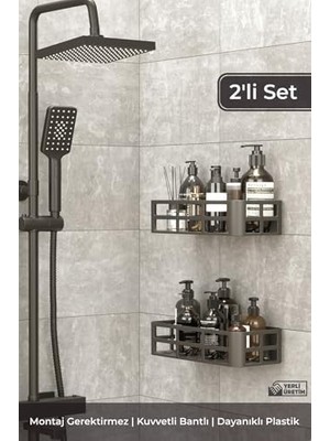 2'li Banyo Rafı Seti Yapışkanlı Montaj Dayanıklı Plastik Şampuanlık ve Sabunluk Modern Tasarım