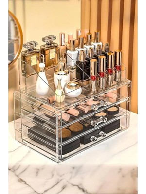 Bayev Ruby Şeffaf Makyaj Organizer Set 3 Çekmeceli Dior ve 16 Bölmeli Kullanım Alanı İçin Pratik Düzenleyici