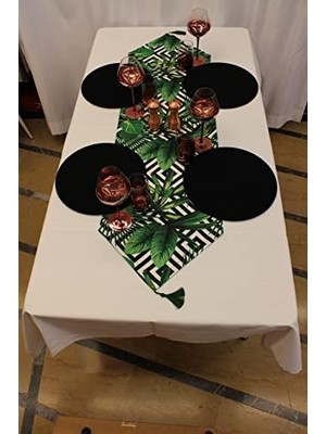Yeşil Yaprak Desenli Siyah Beyaz Geometrik Arka Plan Dijital Baskılı Runner Amerikan Servis 40X150 cm