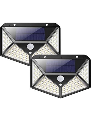 Solar Lamba 100 LED Pır Hareket Sensörlü Dış Duvar Lambası IP65 Bahçe Teras - 2 Adet