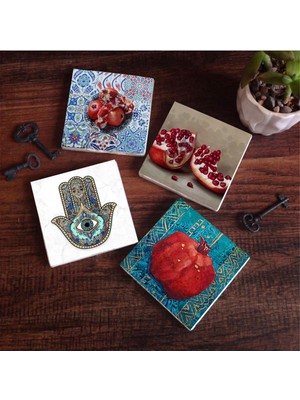 Nar, Fatma Ana Eli  Taş Bardak Altlığı Seti - 4 Parça - Dekoratif, Rustik Mutfak Aksesuarı, 10X10 Cm, Kaydırmaz Tabanlı, Şık ve Dayanıklı SC192