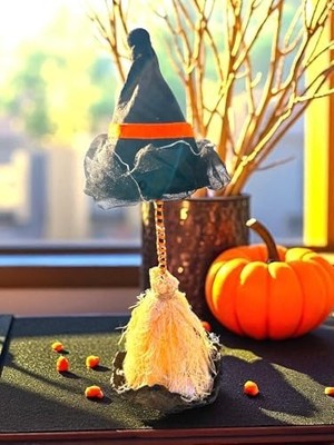 Halloween Cadı Şapkası, LED Işıklı, Siyah Kumaş, Cadı Süpürgesi, Turuncu Şeritli, Dekoratif Süsleme, Pilli