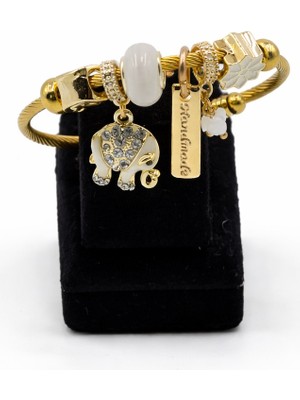 Pangu Fil Figürlü, Taşlı Altın Renk Çelik Charm Bileklik