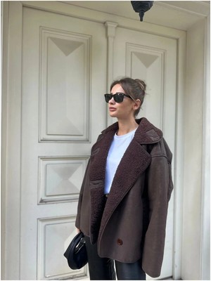 Meecy Else Acı Kahve Dokulu Süet Içi Peluşlu Oversize Zr Model Mont