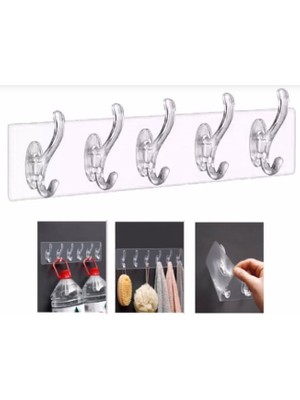 2 Adet 5'li Şeffaf Kendinden Yapışkanlı Askılık Delmeden Montaj Duvar Askısı - Mutfak Duvar Kapı Arkası - Eşya Düzenleyici Organizer Set 2 Adet