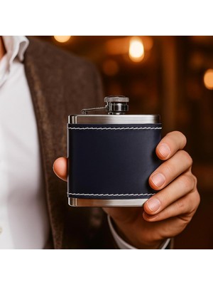 5 OZ-150 cc Hunili Lacivert Premium Deri Kılıf Çelik Viski Içki Konyak Matarası