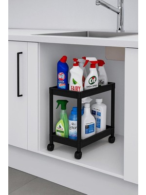 Pro 2 Katlı Siyah Tekerlekli Çok Amaçlı Banyo & Mutfak Düzenleyici Raf – Evye Altı Deterj Siyah 40 x 35