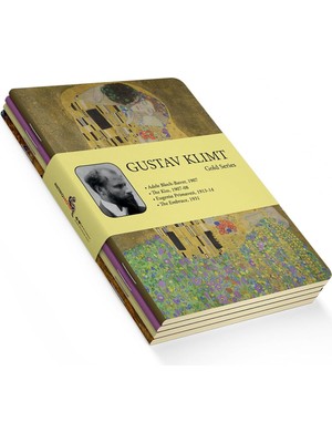 Series - A5, Gustav Klimt 4'lü Defter Seti I, Çizgisiz, Toplam 256 Sayfa, Her Biri 64 Sayfa, Tel Dikiş, Esnek Kapak, Oval Kenar, Tuval Doku, 60 Gram, Sarı Krem Renk