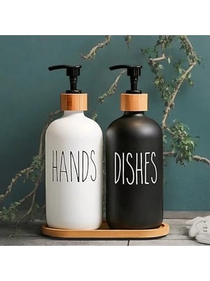 Modern Banyo ve Mutfak Seti, Siyah ve Beyaz Cam Sabunluk ve Deterjan Şişesi, Bambu Kapaklı ve Standlı, 450ML x 2 Adet, 21.3cm Yükseklik, Hands Dishes
