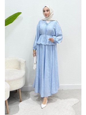 Tesettür Diyarı Natia Dantelli Keten Kumaş Astarlı Tesettür Takım- Bebe Mavisi