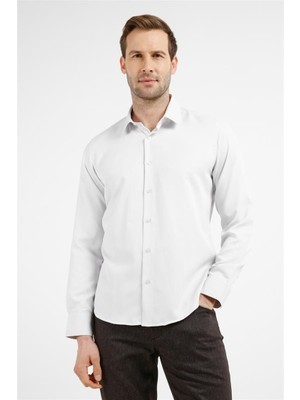 İmza Bej-Beyaz Kendinden Desenli Sert Yaka Uzun Kol Cepsiz Slim Fit Pamuklu Gömlek 1004255214