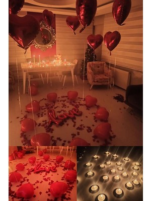 Winky Sevgili Set Kuru Gül Yaprağı,banner,20 Kalp Balon,20 Beyaz Mum Romantik Hediye 14 Şubat Kırmızı
