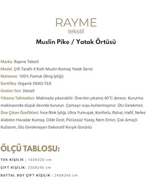 Tekstil - Müslin Pike Tek Kişilik, 100% Pamuk 4 Katlı Kaliteli Müslin Yatak Örtüsü, Dekoratif Şık Yumuşak Hafif Yazlık Pike (, Tek Kişilik 160X220 Cm)