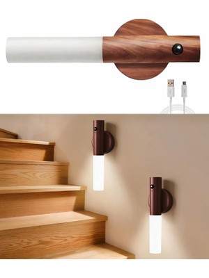 Duvar Aplik Hareket Sensörlü Gece Işıkları Iç Mekan Mıknatıslı Taşınabilir LED Şarj Edilebilir Ahşap Tasarımlı Dolap Işıkları Merdiven El Tipi Duvar Yatak Odası Koridor Mutfak (Kahverengi)