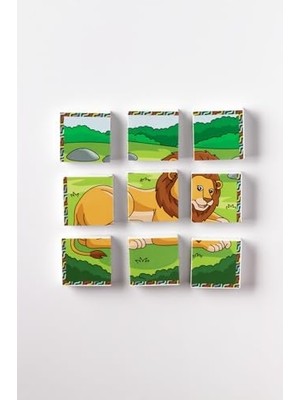 Manyetik Blok Çift Taraflı 9 Parçalı Mıknatıslı Puzzle 2 Görsel Aslan-Zebra Yapboz