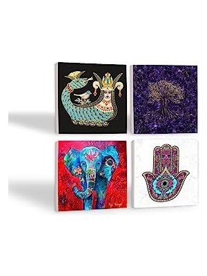 Hayat Ağacı, Fil, Fatma Ana Eli , Şahmeran Taş Bardak Altlığı Seti - 4 Parça - Dekoratif, Rustik Mutfak Aksesuarı, 10X10 Cm, Kaydırmaz Tabanlı, Şık ve Dayanıklı SC252