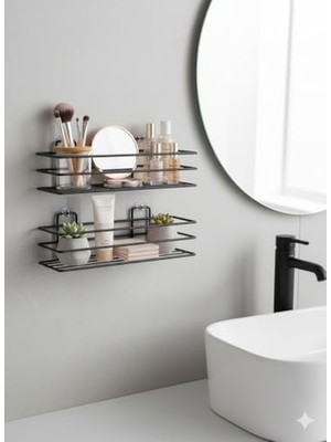 Yapışkanlı Siyah Banyo ve Mutfak Rafı – Tek Katlı Düz Şampuanlık ve Baharatlık, Delmeden Montaj, Matkap Vida Gerektirmeyen Su Geçirmez Duvar Organizeri (2 Adet)
