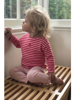 Cigit Çizgili Triko Kız Bebek Takım 0-3 Yaş Pudra Mercan Çizgili