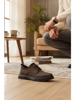 Enoch Hakiki Deri Kahve  Casual Bağcıklı Erkek Ayakkabı Ortopedik Taban