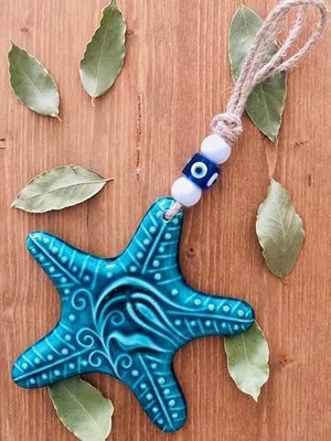 Art Inside Seramik Duvar Dekorasyon Objesi Okyanus Deniz Temalı Hasır Işlemeli ve Nazar Boncuğu Detaylı (Deniz Yıldızı)