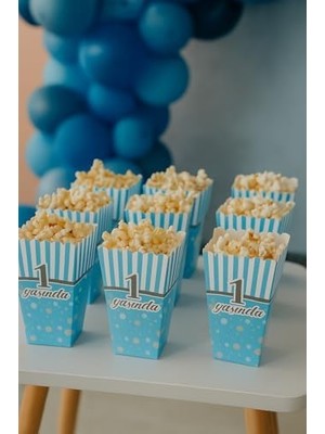 1 Yaş Erkek Doğum Günü Mavi Popcorn Mısır Kutusu – 8 Adet Mısır Kutusu Parti Süsleme ve Sunum Kutusu