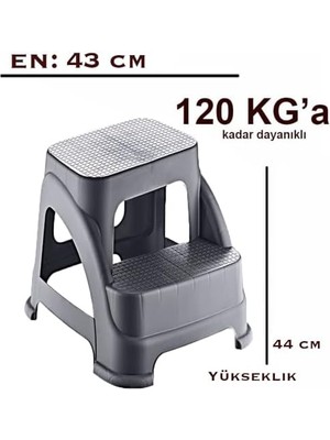 Iki Basamaklı Kaymaz Büyük Boy Tabure - 120 kg Taşıma Kapasiteli - Basamaklı Tabure - Sert Plastik