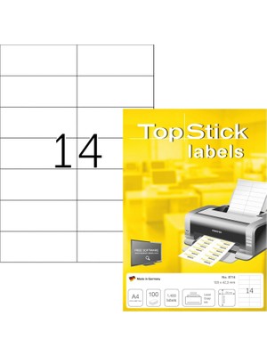 8714 Evrensel Etiketler, 100 Yaprak, 105 x 42,3 Mm, 14 A4 Yaprak Başına, 1400 Adet, Kendinden Yapışkanlı, Yazdırılabilir, Mat, Çıkartma, Beyaz