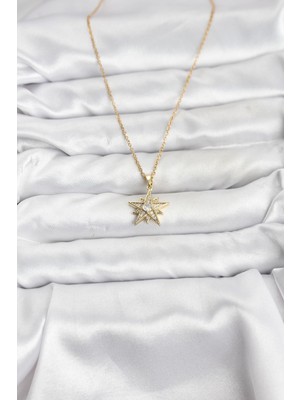 Bsre Gold Renk Yıldız Figürlü Zirkon Taşlı Kadın Kolye (316L Çelik)