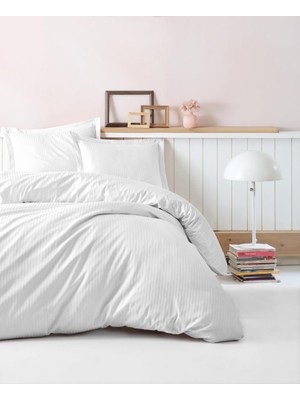 Bigelal Çift Kişilik Saten Nev Takımı Elegante Stripe Beyaz