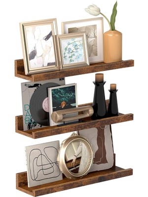 Duvar Rafları, 3'lü Set, Yüzer Raflar, Uzunluk 38 Cm, Dekoratif Öğeler, Baharat Kavanozları ve Resim Çerçeveleri Için Yükseltilmiş Ön Kenar, Eski Kahverengi LWS037X01
