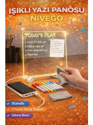Nivego LED Işıklı Çizim Tahtası Pano Ayarlanabilir Stant 7 Renk Kalem Hediyeli Usb li Geliştirici Eğitici