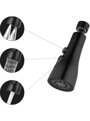 Musluk, Yedek Duş Başlığı, 360° Döndürülebilir, 3 Mod, Döndürülebilir Musluk, Başlık, Mutfak Armatürü, Adaptörlü, FM22 Mutfak Armatürü, Püskürtme Başlığı (Siyah)