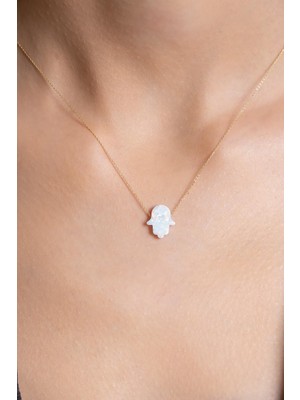 Bayar Gold Altın Beyaz Opal Taşlı Fatma Ana Eli Kolye