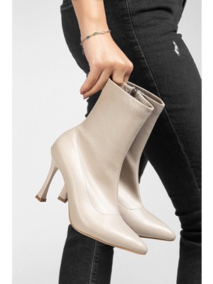 Zerenyus Orion Premium Bej Streç Ince Topuklu Bot