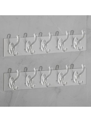 2 Adet Kendinden Yapışkanlı 5 Kancalı Askı Seti | Duvara Delmeden Montaj, Şeffaf ve Güçlü Yapışkanlı Çok Amaçlı Organizer | Banyo, Mutfak ve Kapı Arkası Için (35X7 Cm)