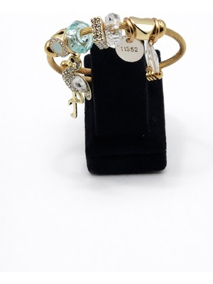 Pangu Flamingo Figürlü, Mavi Taşlı Altın Renk Çelik Charm Bileklik